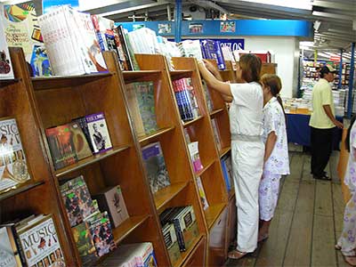 looking at books aboard the mv doulos