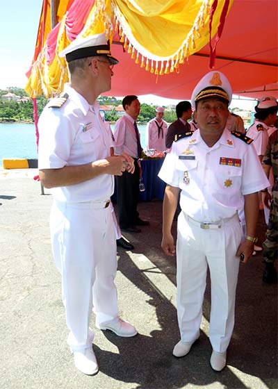 Commodore Veasna of the Cambodian Navy, along with his American Counterpart 